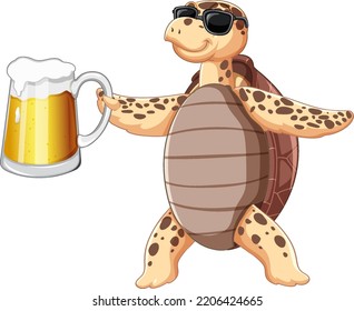 Cute turtle cartoon character drinking beer illustration