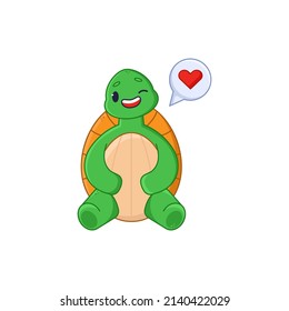 Cute turtle cartoon character flirting sticker. Adorable comic tortoise winking, speech bubble with heart flat vector illustration isolated on white background. Emotions, animals concept