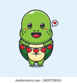 Cute turtle cartoon character holding love decoration. 