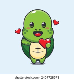 Cute turtle cartoon character holding love heart at valentine's day.