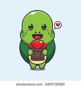 Cute turtle cartoon character holding love in wood bucket. 