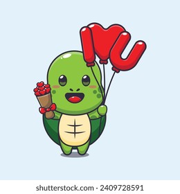 Cute turtle cartoon character holding love balloon and love flowers.