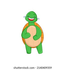 Cute turtle cartoon character laughing sticker. Happy green comic tortoise standing and smiling flat vector illustration isolated on white background. Emotions, animals concept