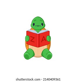 Cute turtle cartoon character reading alphabet book sticker. Adorable comic tortoise studying or learning alphabet flat vector illustration isolated on white background. Emotions, animals concept