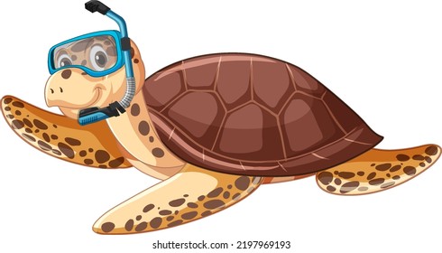 Cute turtle cartoon character snorkeling goggles illustration