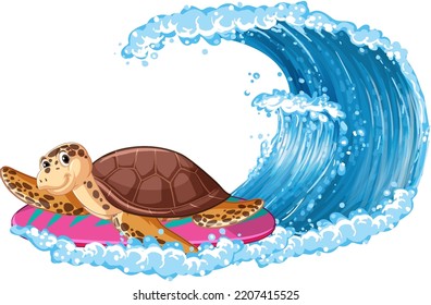 Cute turtle cartoon character surfing  illustration
