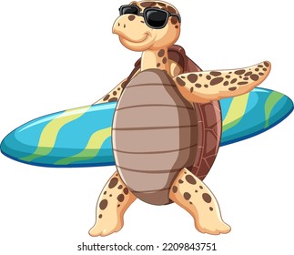 Cute turtle cartoon character wearing sunglasses holding surfboard illustration