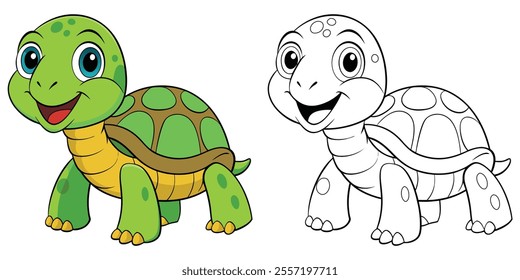 Cute Turtle Cartoon Coloring Page For Kids. Ocean Animal Coloring Pages Vector Illustration
