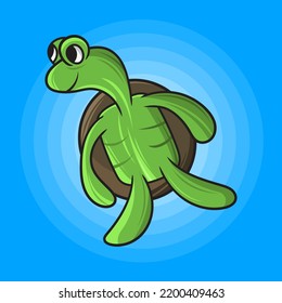 Cute turtle cartoon illustration. Suitable for children's book illustration. Isolated on blue background. Vector illustration design.