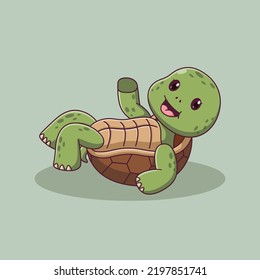 Cute Turtle Cartoon Laughing And Lying Down. Turtle Icon Concept. Flat Cartoon Style. Suitable for Web Landing Page, Banner, Flyer, Sticker, Card