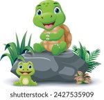Cute turtle cartoon sitting on the stone