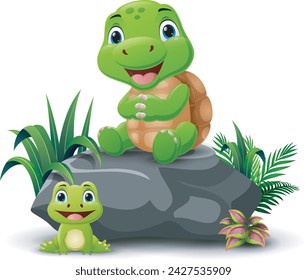 Cute turtle cartoon sitting on the stone