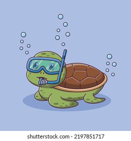 Cute Turtle Cartoon Snorkeling In The Sea. Turtle Icon Concept. Flat Cartoon Style. Suitable for Web Landing Page, Banner, Flyer, Sticker, Card