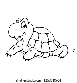 Cute turtle in cartoon style, drawing in a black outline. Isolated on white background. For coloring book. Vector illustration.