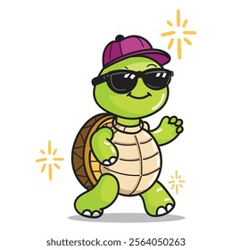 Cute Turtle Cartoon with Sunglasses and Simple Hat good for Sticker, Meme, Design Element