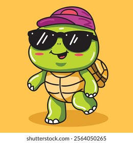 Cute Turtle Cartoon with Sunglasses and Simple Hat good for Sticker, Meme, Design Element