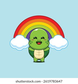 Cute turtle cartoon vector illustration with rainbow