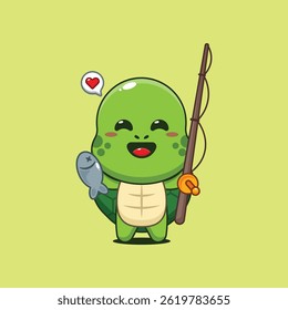 Cute turtle cartoon vector illustration catching fish with fishing rod