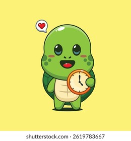 Cute turtle cartoon vector illustration with clock