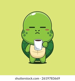 Ilustração de vetor de desenho animado de tartaruga bonito está cansado e sonolento segurando café