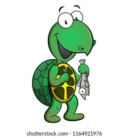 Cute Turtle catching a fish cartoon vector