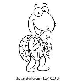 Cute Turtle Catching a Fish Coloring Book Cartoon Vector