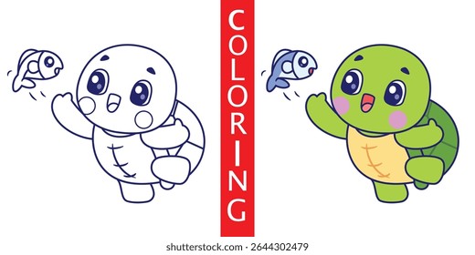Cute Turtle Catching Fish Coloring Sheet Cartoon Vector Icon Illustration. Animal Nature Icon Concept Isolated Premium Vector. Flat Cartoon Style