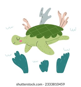 Cute turtle character floats among the algae. Sea animal colorful design for kids, print in cartoon flat style. Vector stock illustration isolated on white background