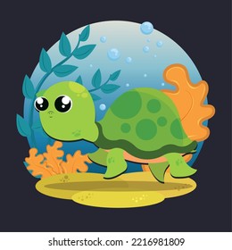 Cute turtle character with seaweeds sealife Vector