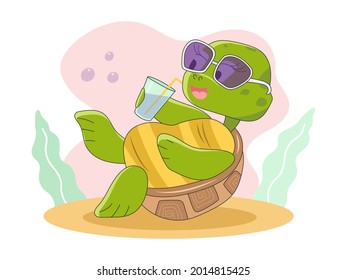 Cute turtle character in sunglasses lies and drinks a cocktail from a glass. Summer childrens vector illustration in cartoon style. Funny animals