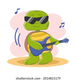 Cute turtle character wearing sunglasses plays the electric guitar. Vector childrens illustration in cartoon style