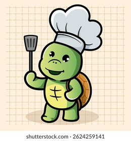 Cute Turtle Chef Cartoon Illustration. Animal Nature Icon Concept Isolated Flat Cartoon Style for coloring page or education kids