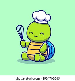 Cute Turtle Chef Cooking Cartoon Vector Icon Illustration. Animal Food Icon Concept Isolated Premium Vector. Flat Cartoon Style