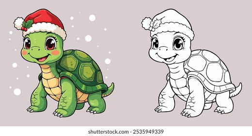 Página para colorear de dibujos animados de Navidades de tortuga linda para niños