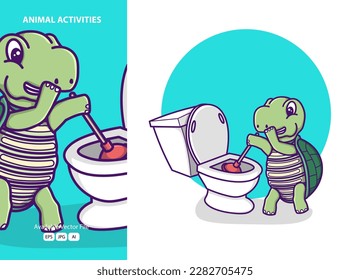 cute turtle cleaning closed cartoon icon illustration