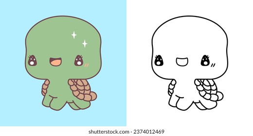 Cute Turtle Clipart Illustration and Black and White. Kawaii Clip Art Reptile. Cute Vector Illustration of a Kawaii Animal for Stickers, Baby Shower, Coloring Pages, Prints for Clothes. 