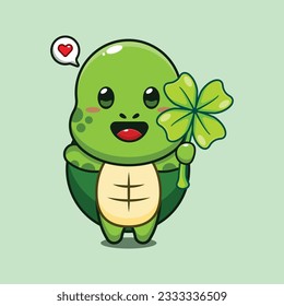 cute turtle with clover leaf cartoon vector illustration.