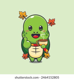 Cute turtle with coffee in autumn season. Mascot cartoon vector illustration suitable for poster, brochure, web, mascot, sticker, logo and icon.