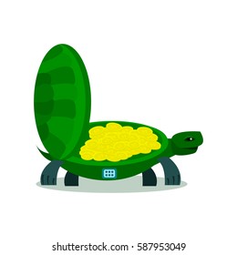 Cute turtle with coin, turtle safe icon isolated on a white background