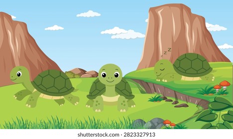 Cute turtle collection featuring three different poses in a natural landscape. Includes a walking turtle, a front view turtle, and a sleeping turtle in a colorful outdoor environment. Editable EPS vector illustration ideal for children's books, educational materials, wildlife projects, stickers, posters, nursery decor, and nature-themed designs.