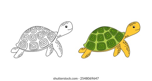 Cute turtle, color and outline cartoon sea animal for children. Vector line nautical illustration for coloring book and page