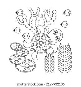  Cute turtle Coloring book page, cartoon water animal and underwater plants, vector illustration.