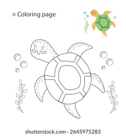 Cute Turtle Coloring Page for Kids’ Ocean and Marine Activities. Playful Sea Turtle with Bubbles and Plants. Ideal for Educational Projects.