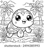 Cute turtle coloring pages for kids. Сute turtle in the sea among sea plants and air bubbles, Black lines sketch on a white background.