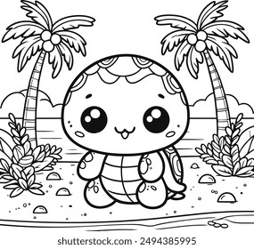 Cute turtle coloring pages for kids. Сute turtle in the sea among sea plants and air bubbles, Black lines sketch on a white background.