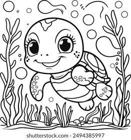 Cute turtle coloring pages for kids. Сute turtle in the sea among sea plants and air bubbles, Black lines sketch on a white background.