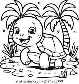 Cute turtle coloring pages for kids. Сute turtle in the sea among sea plants and air bubbles, Black lines sketch on a white background.