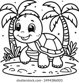 Cute turtle coloring pages for kids. Сute turtle in the sea among sea plants and air bubbles, Black lines sketch on a white background.