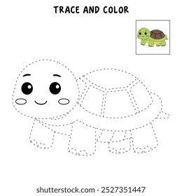 A cute turtle coloring pages for kids. Trace and color turtle. Hand drawn turtle outline illustration vector for coloring books. Kindergarten and preschool animal worksheets printable for kids.