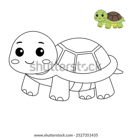 A cute turtle coloring pages for kids. Trace and color turtle. Hand drawn turtle outline illustration vector for coloring books. Kindergarten and preschool animal worksheets printable for kids.